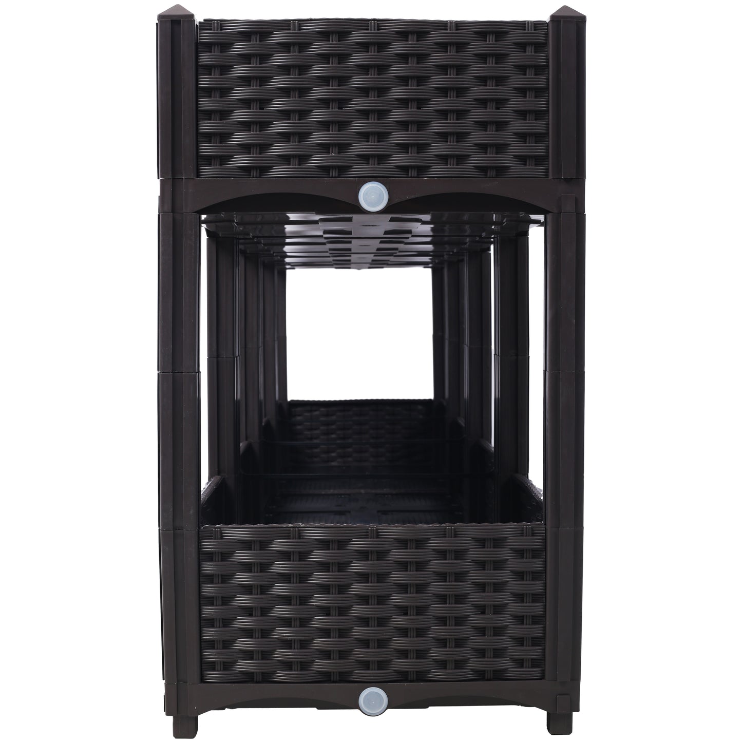 Dark brown rattanstyle plastic tiered plant stand with open shelving