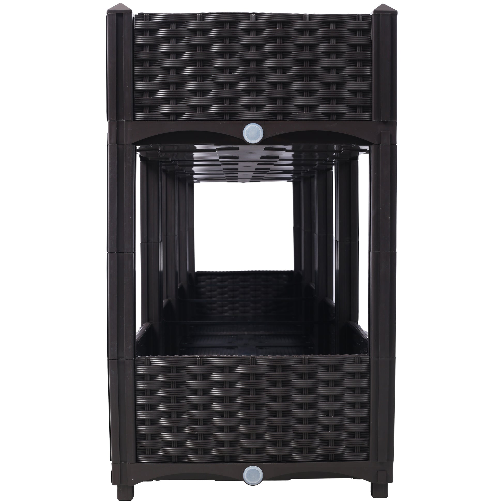 Dark brown rattanstyle plastic tiered plant stand with open shelving