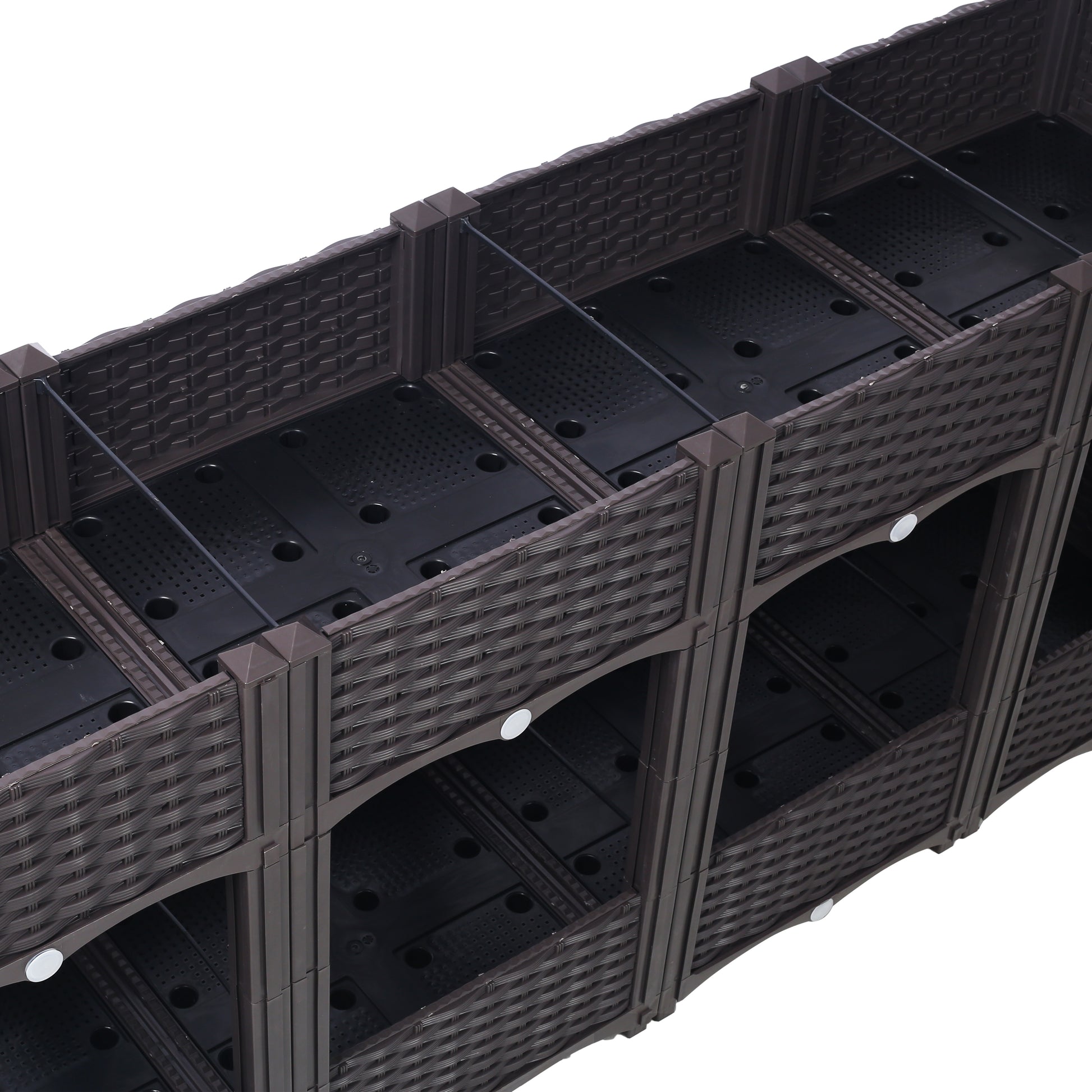 Modular brown plastic planter with woven texture and drainage holes for garden use