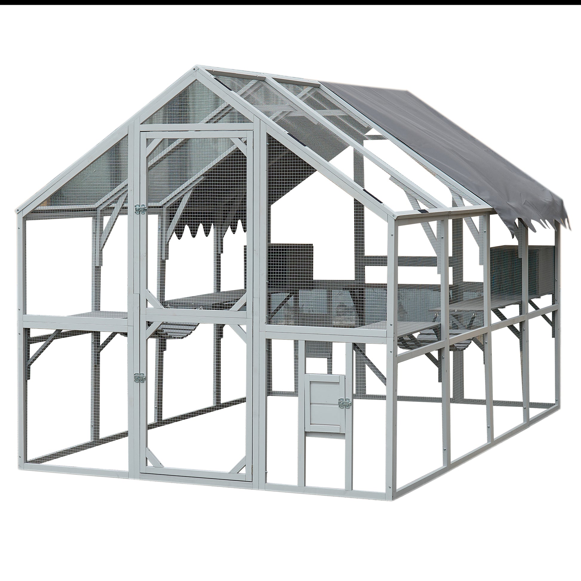 Spacious wooden chicken coop with multiple levels and a grey canopy roof