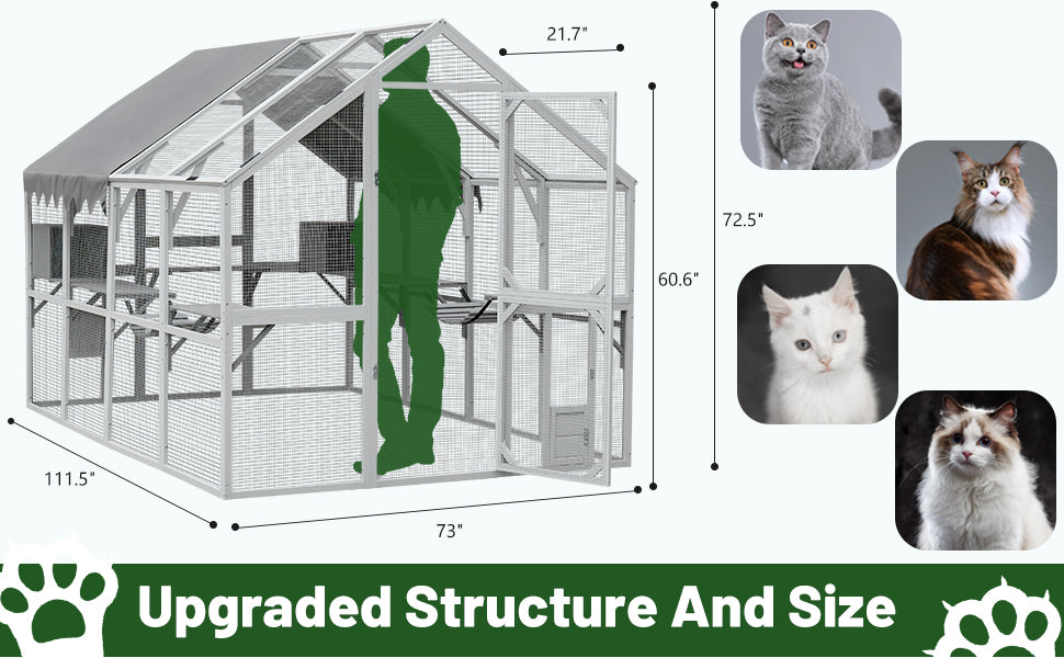 Large outdoor cat enclosure with multiple levels and a human silhouette for scale