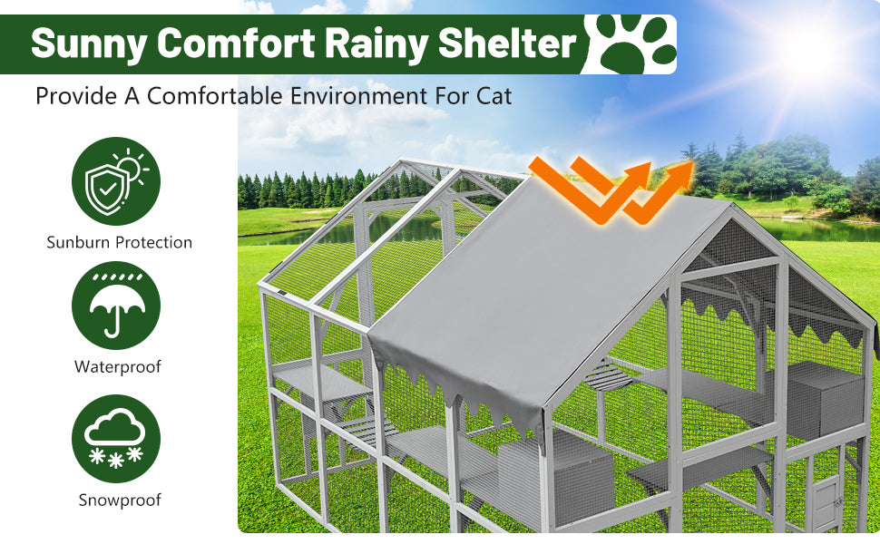 Silver outdoor cat enclosure with shelves and a waterproof roof