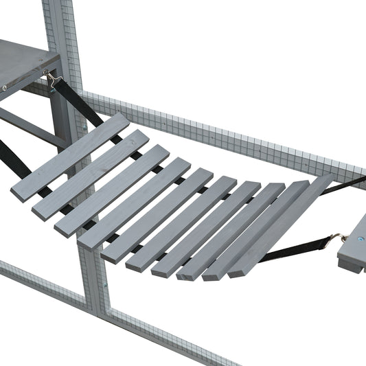 Gray wooden plank perch with black strap support designed for avian comfort