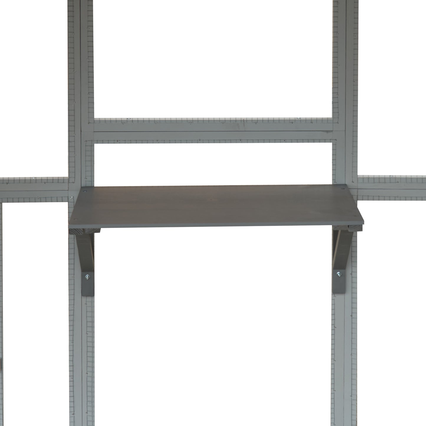Gray wooden shelf attached to a white frame with ruler markings