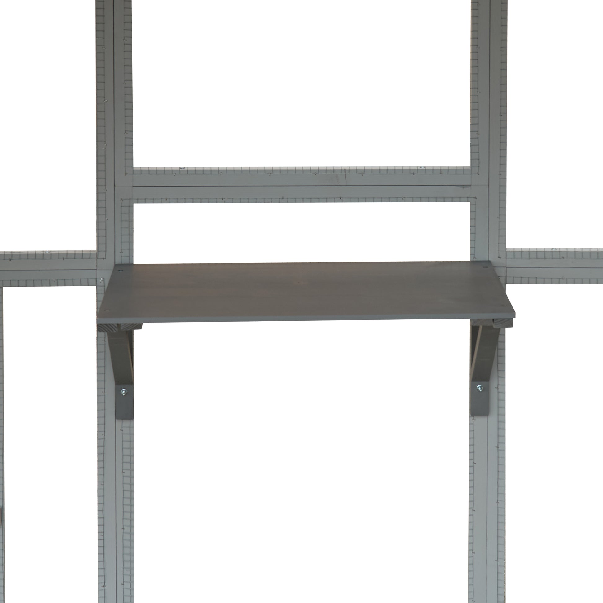 Gray wooden shelf attached to a white frame with ruler markings