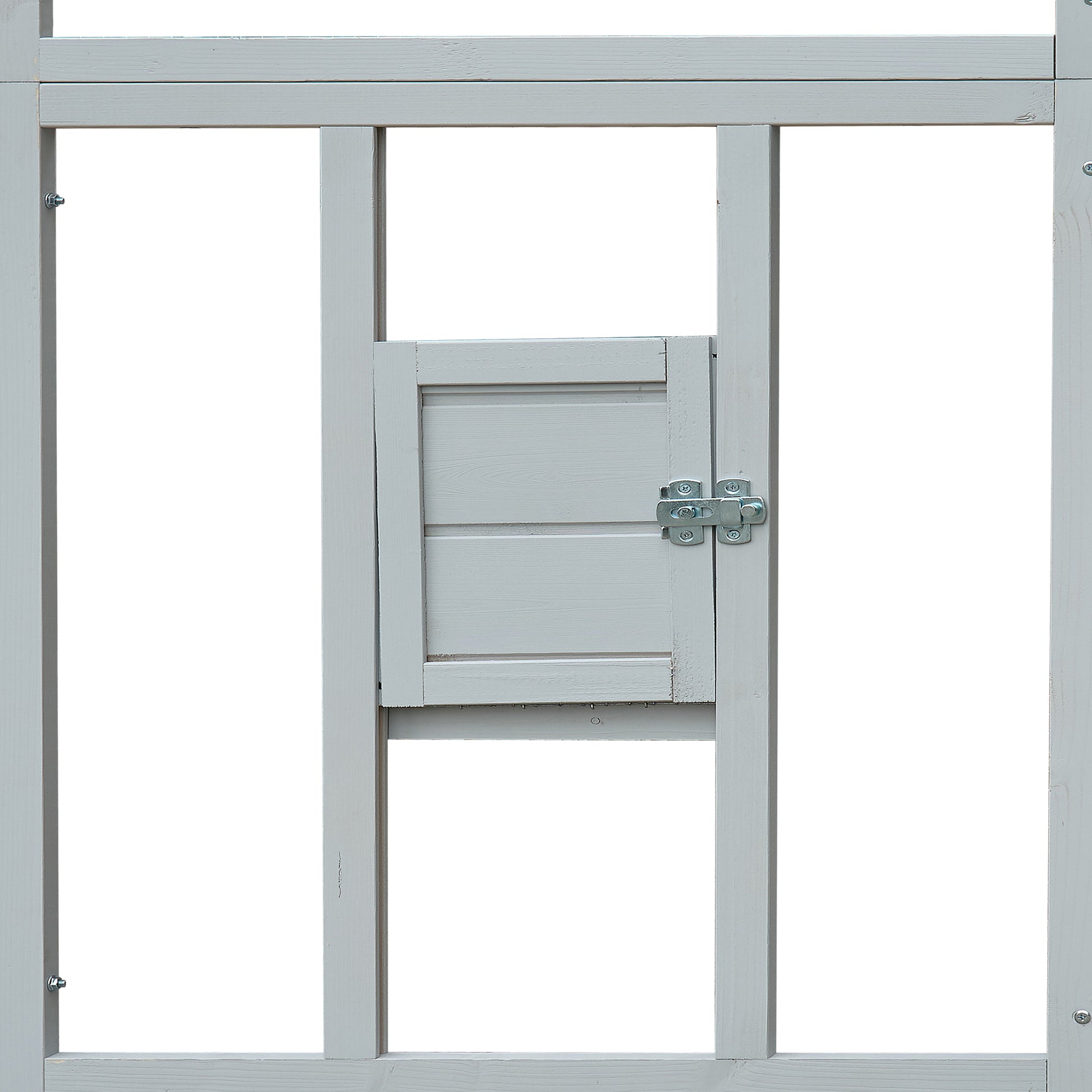 Light gray wooden coop door with metal latch