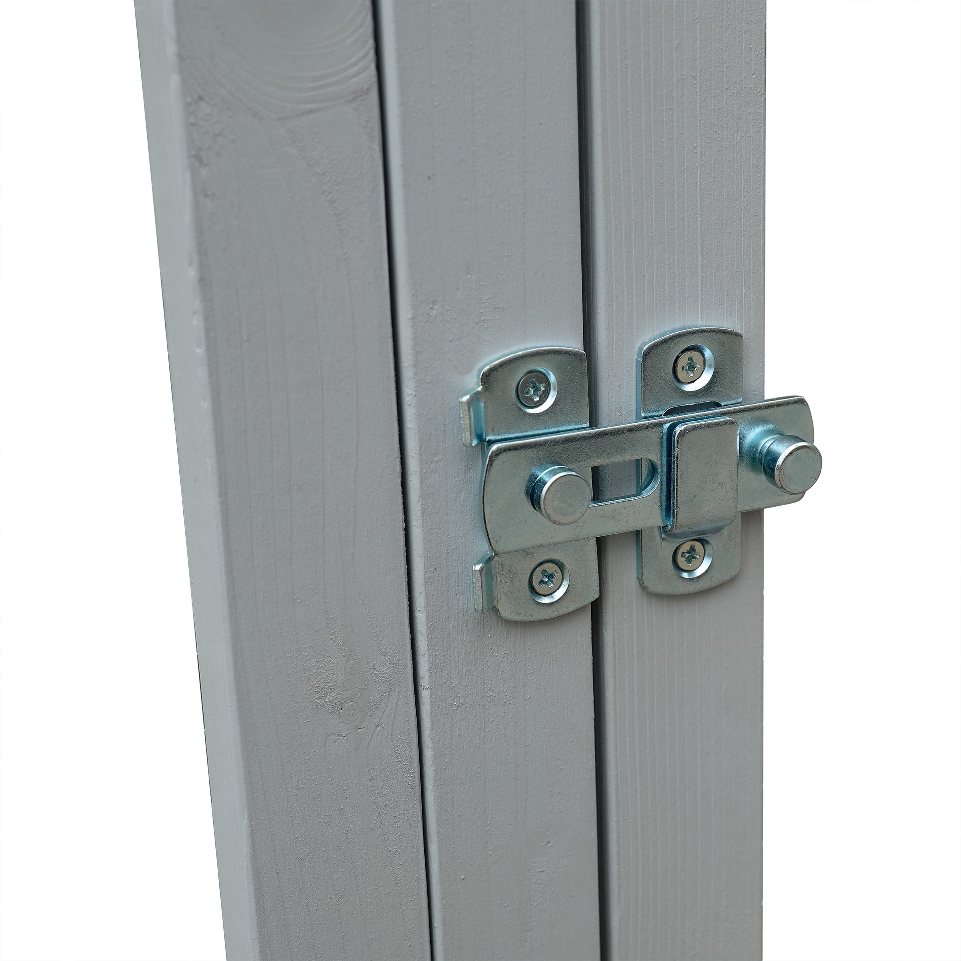 Galvanized steel slide bolt latch secures grey wooden cabinet doors
