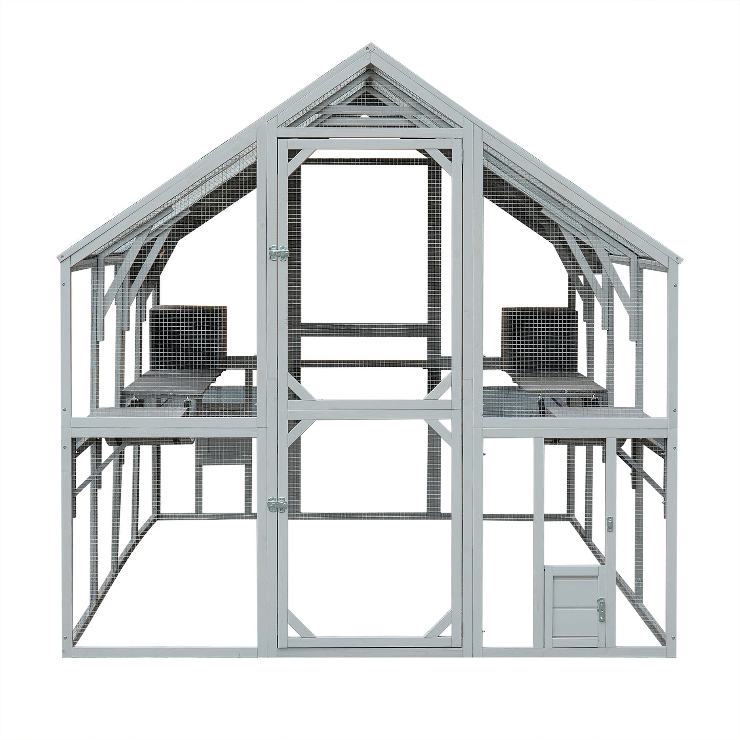 Gray wooden walkin chicken coop with multiple roosting levels and a sloped roof
