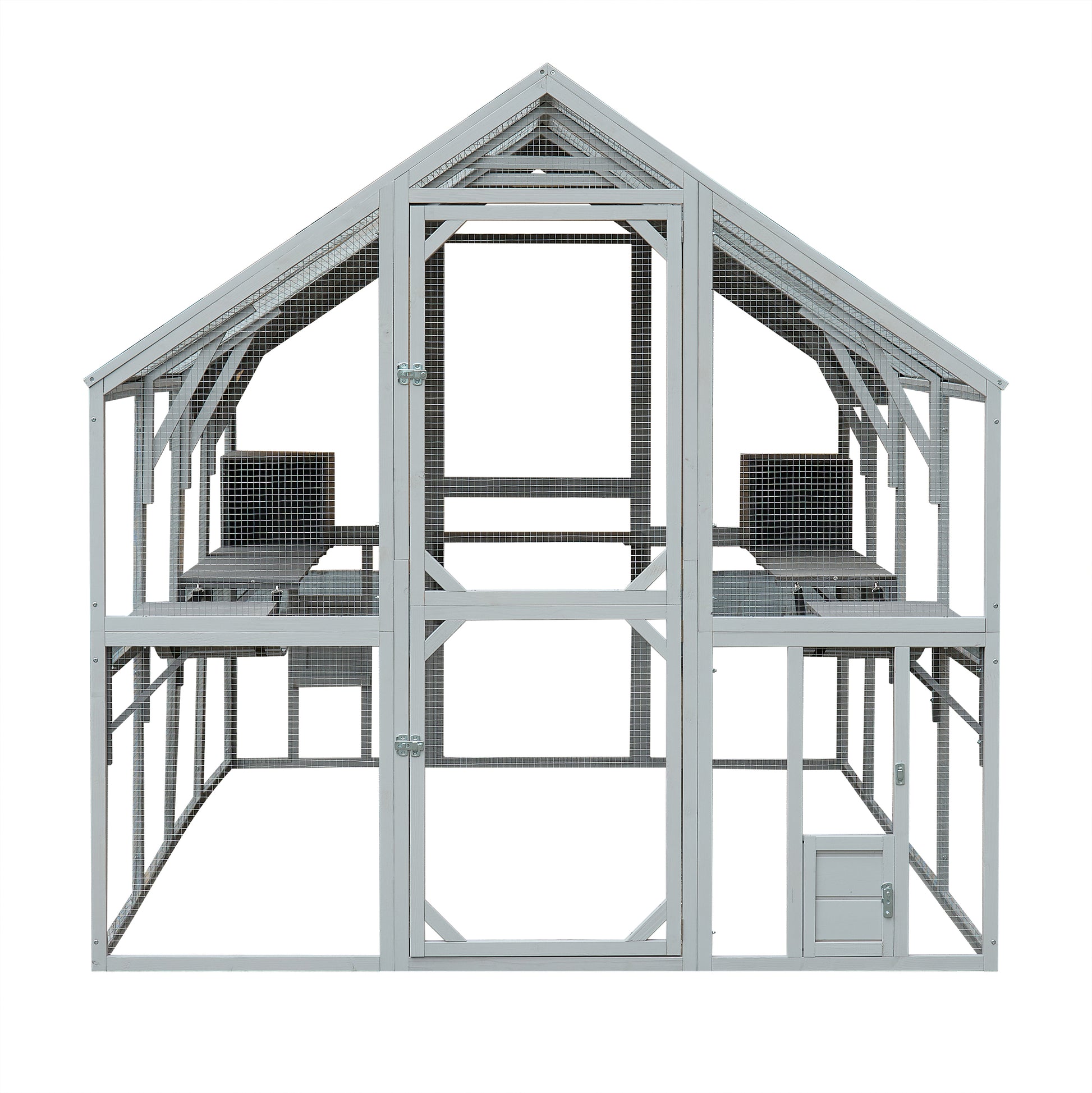Gray wooden walkin chicken coop with multiple roosting levels and a sloped roof