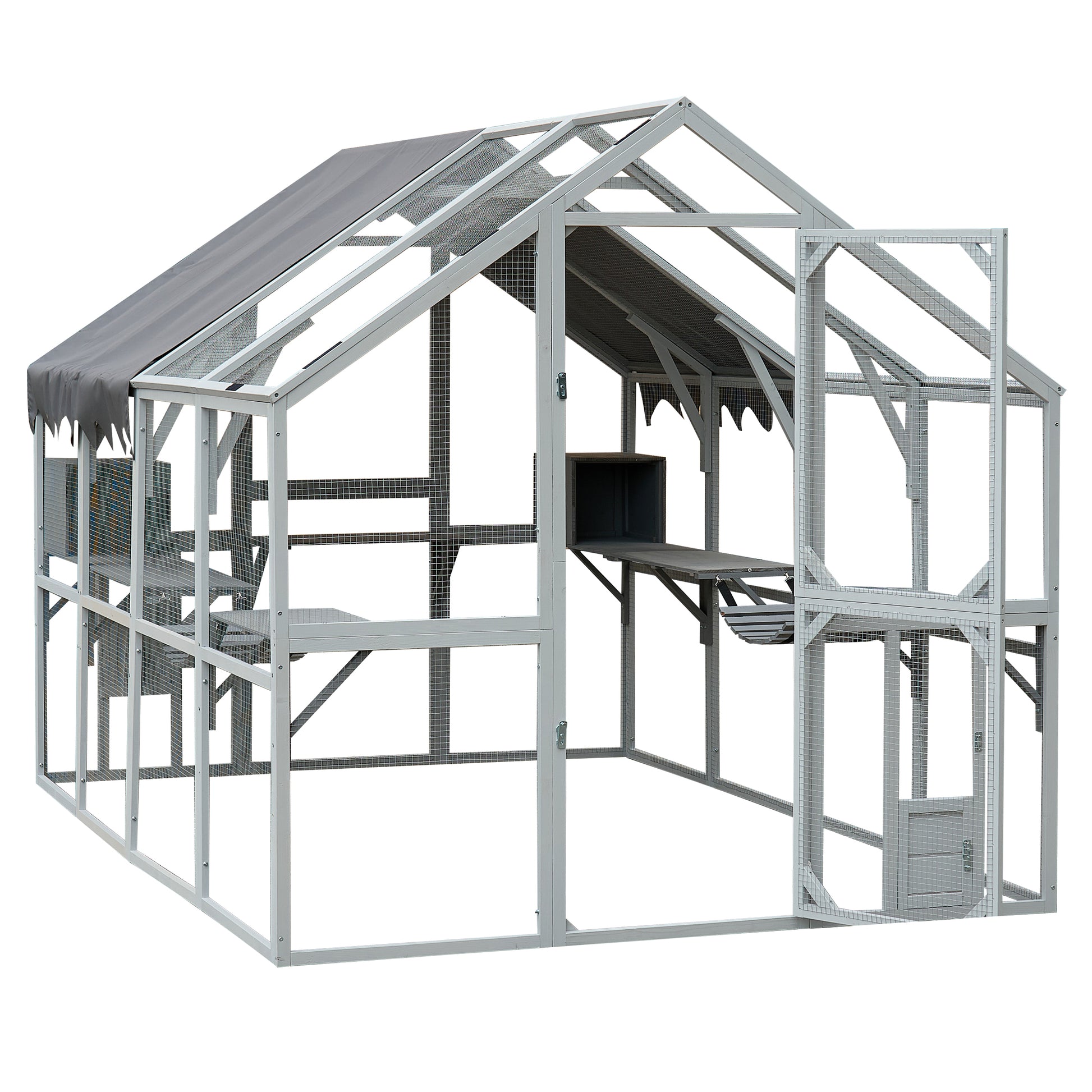 Spacious wooden chicken coop with multiple levels and an open run area