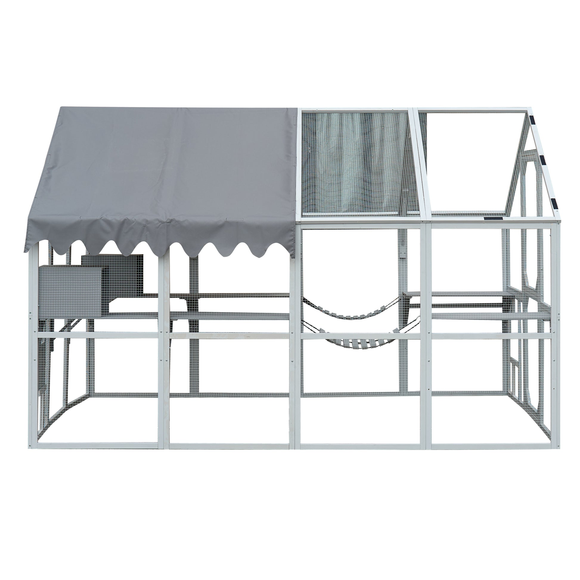 Spacious outdoor cat enclosure with grey awning and multilevel play areas