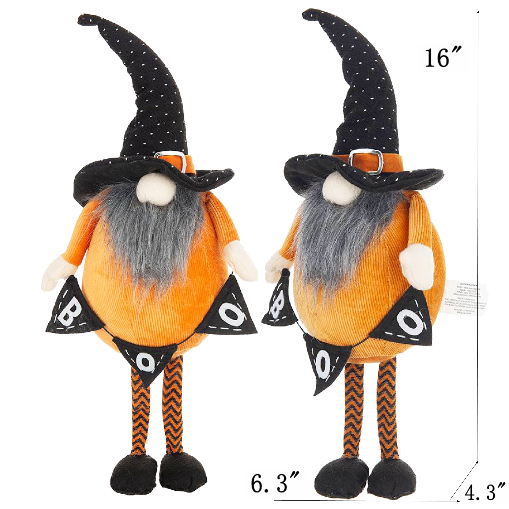 Two inch Halloween gnomes in orange corduroy with black polka dot witch hats holding BOO signs