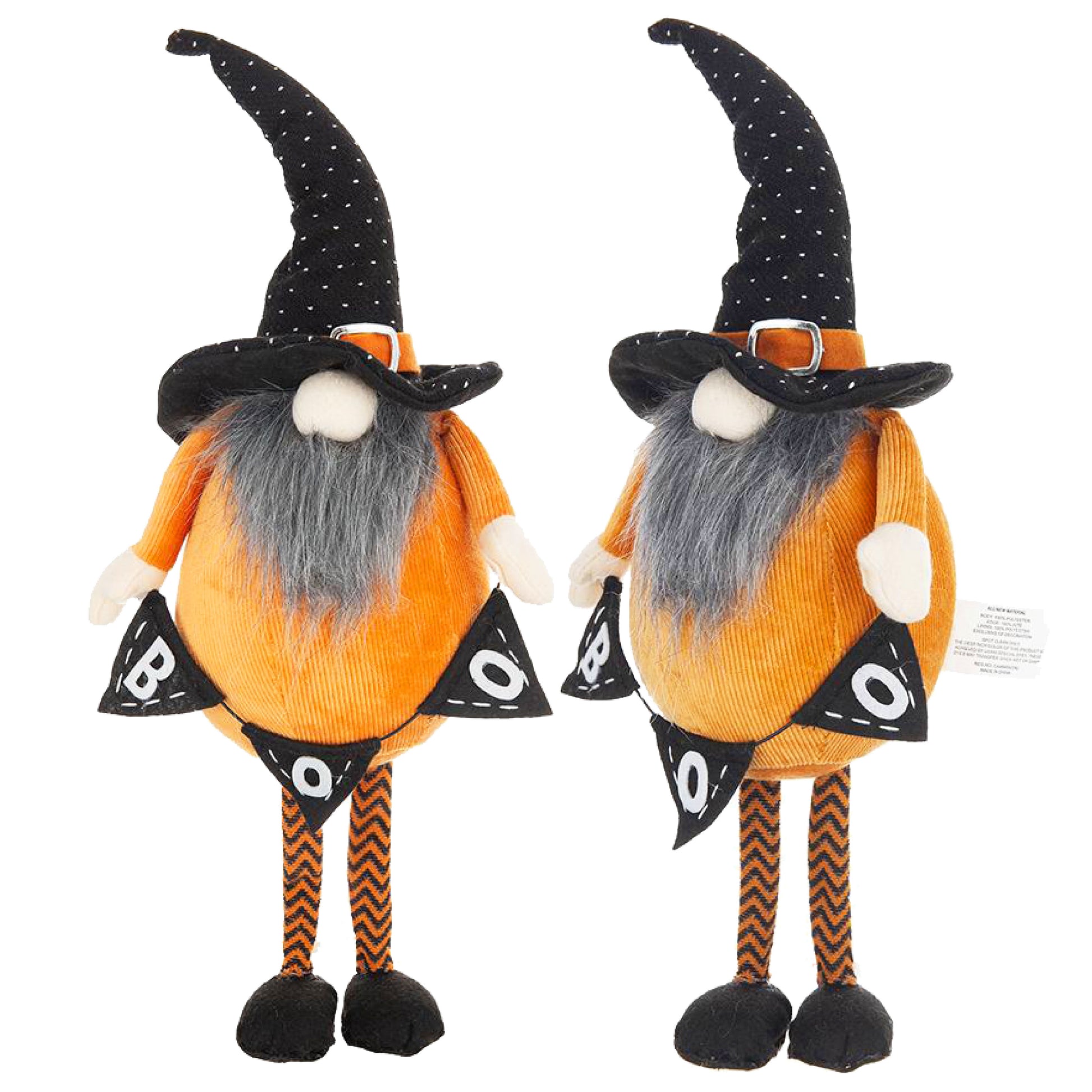 Two Halloween gnomes in orange corduroy wearing black polka dot hats and holding BOO flags