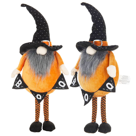 Two Halloween gnomes in orange corduroy wearing black polka dot hats and holding BOO flags