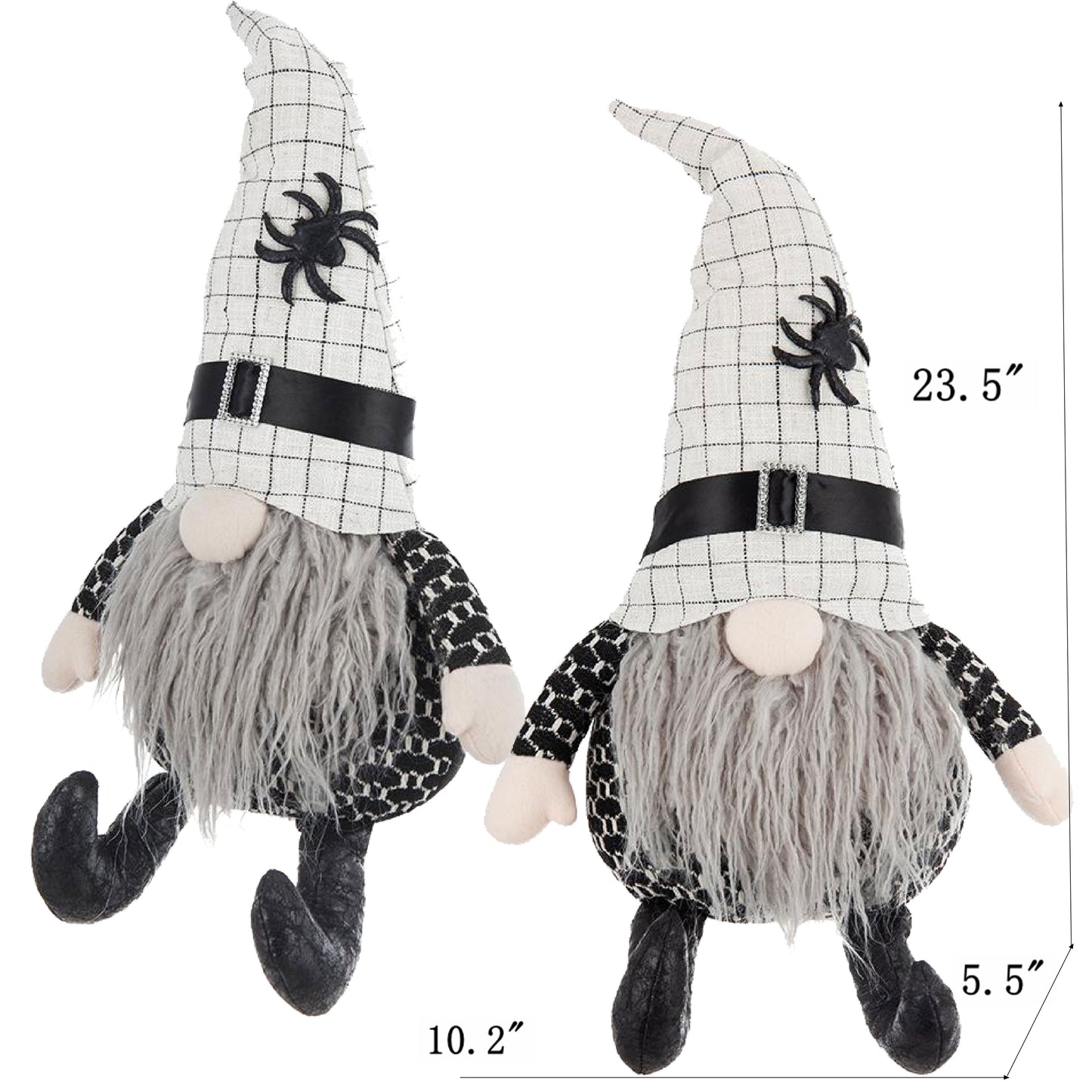 Two Halloween gnomes with white plaid hats featuring black spiders and grey beards