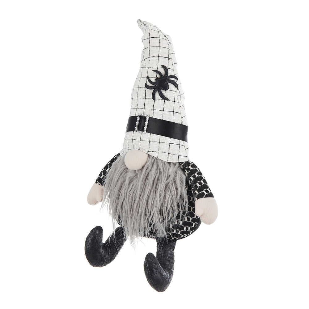Halloween gnome with black spider and plaid hat fuzzy gray beard black patterned shirt and dangling legs