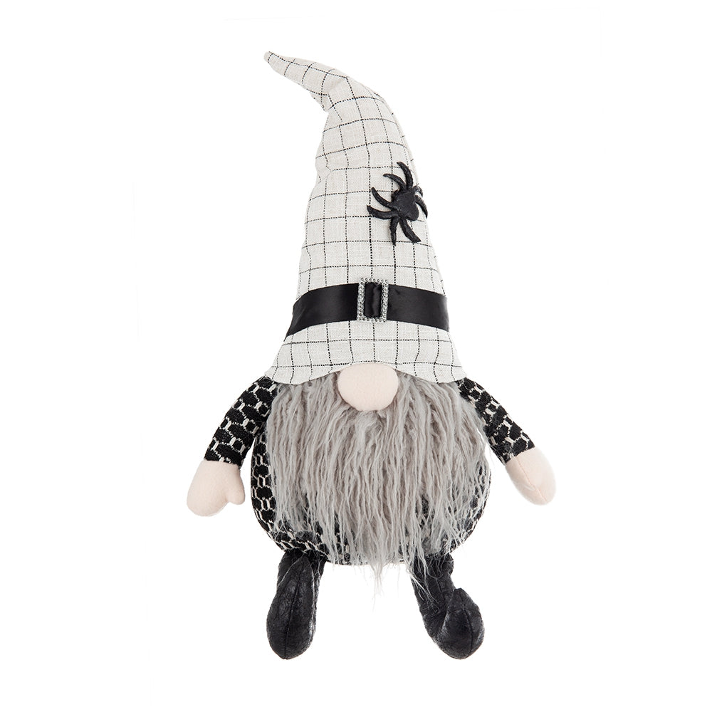 Plush Halloween gnome with black spider on white checkered hat and gray beard