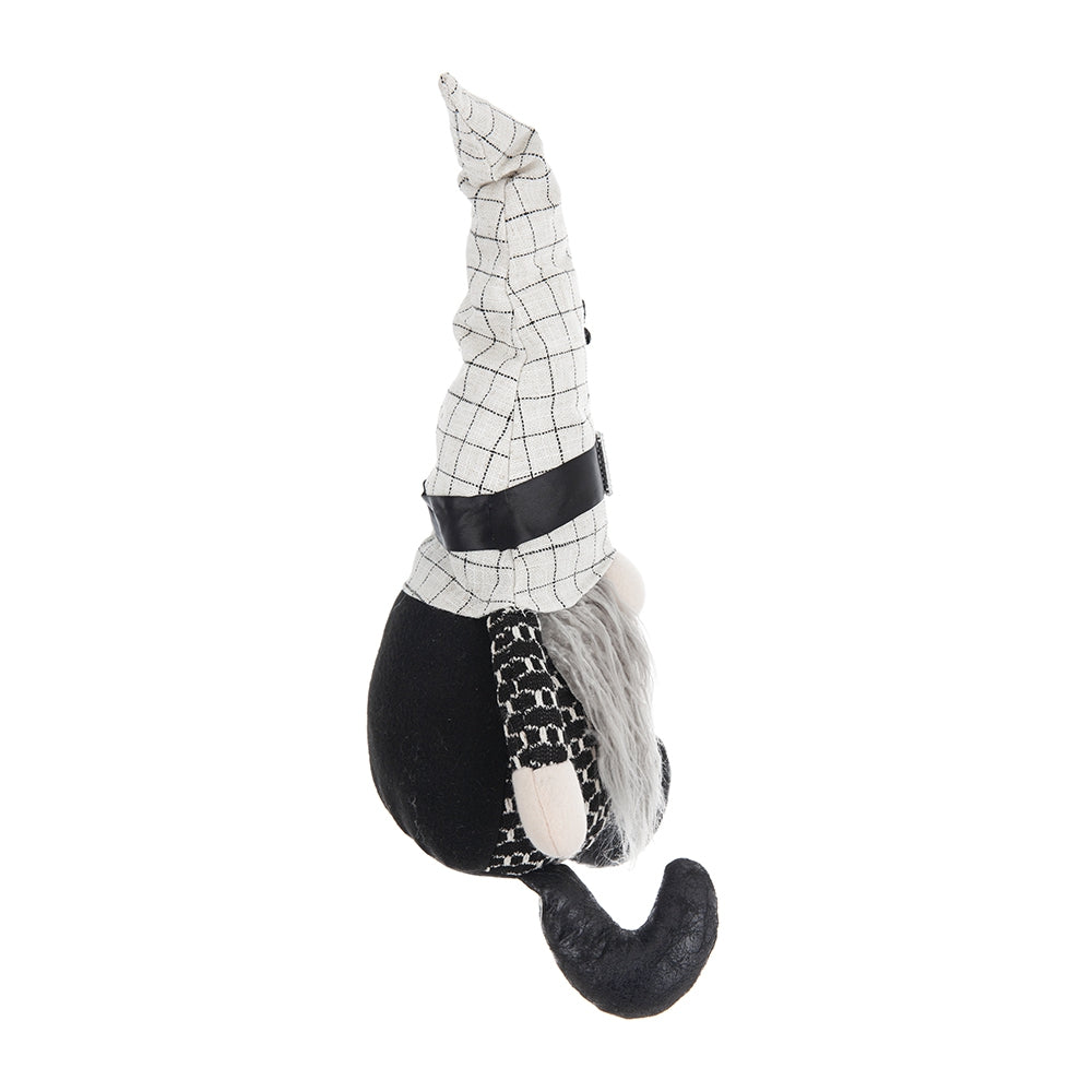 Black and white plaid gnome figurine with gray beard and black hat band perfect for holiday decor