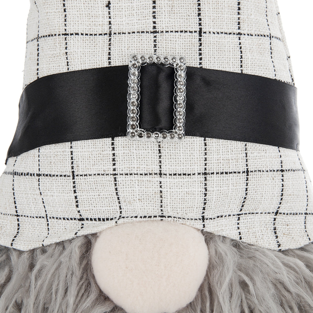 Gnome with plaid hat black satin ribbon and crystal buckle detail