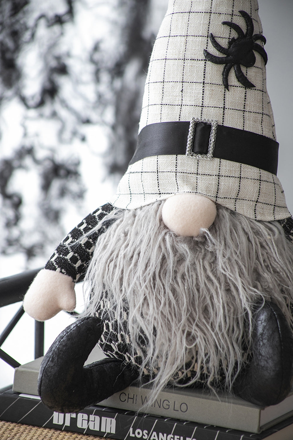 Halloween gnome with spider detail on checkered hat perfect seasonal decor