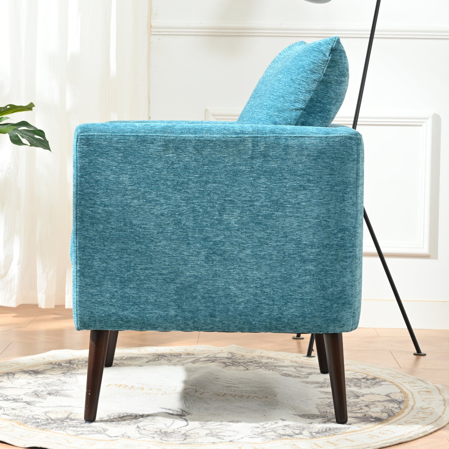 Teal textured fabric accent chair with wooden legs modern living room furniture