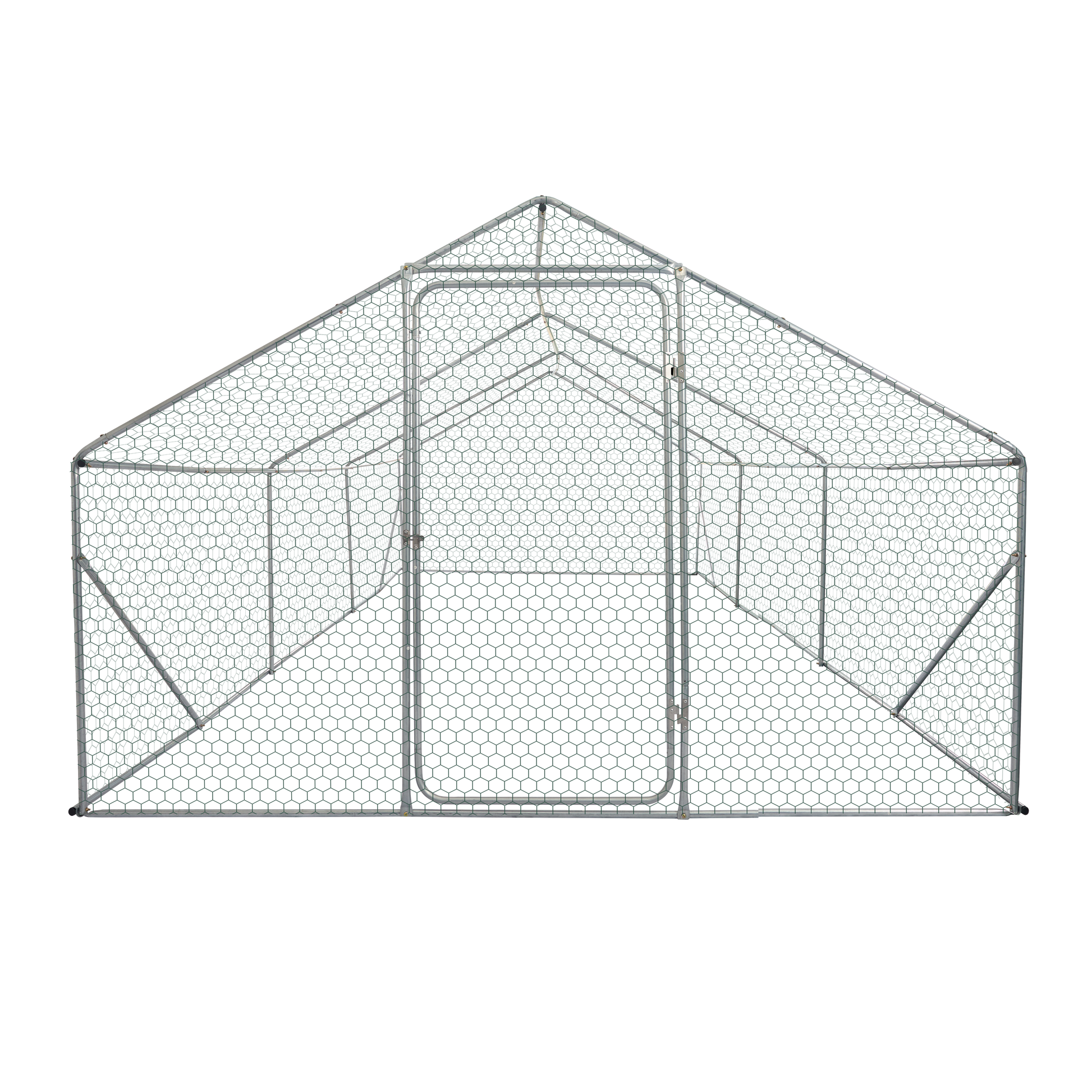 Galvanized steel walkin chicken coop frame with dual doors for easy access