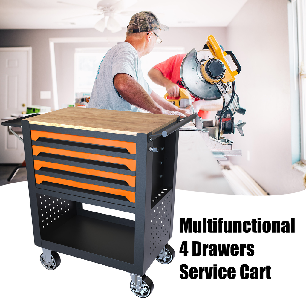 Multifunctional drawer service cart with orange drawer accents and wooden top