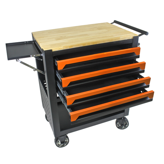 Black rolling tool chest with  orangehandled drawers and wooden top
