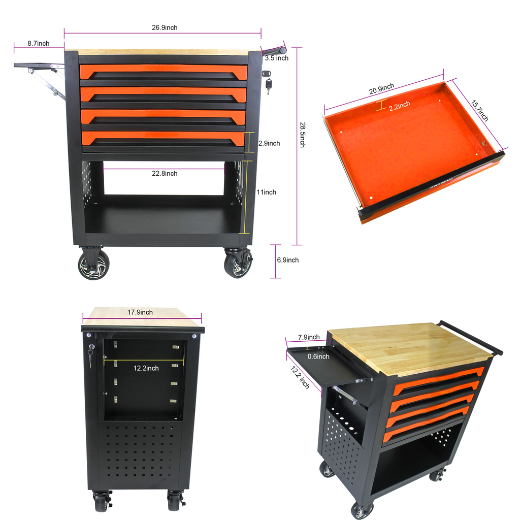 Black metal rolling tool cart with five orange drawers and wooden top