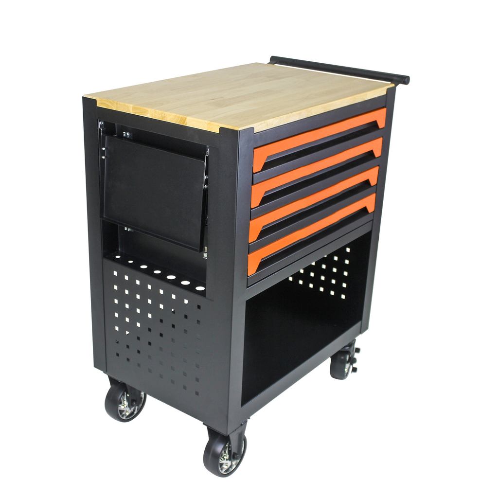Black rolling tool cart with wooden top and orange drawer fronts