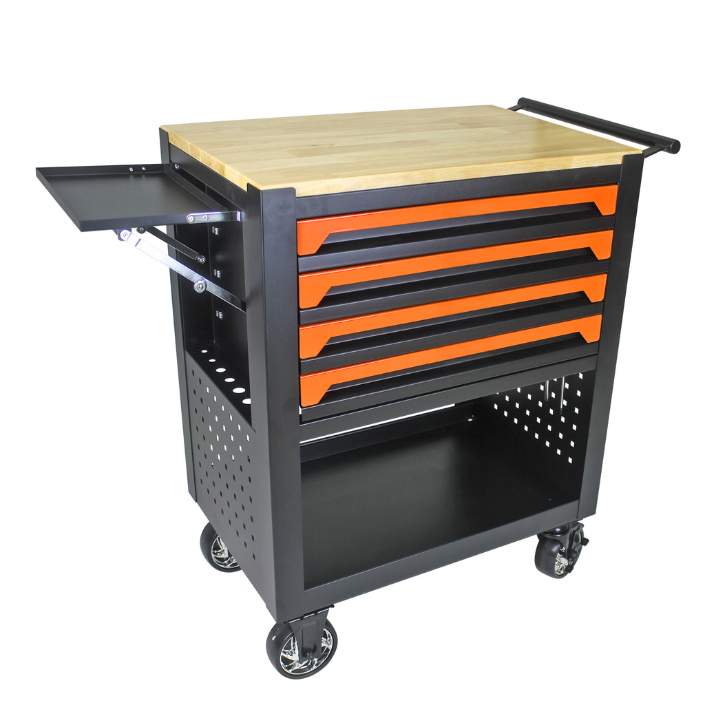 Black metal rolling tool cart with wooden top and five orange drawers