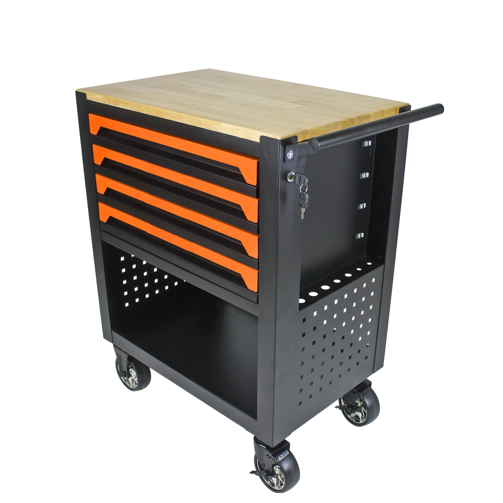 Black metal tool cart with four orangehandled drawers and wooden top