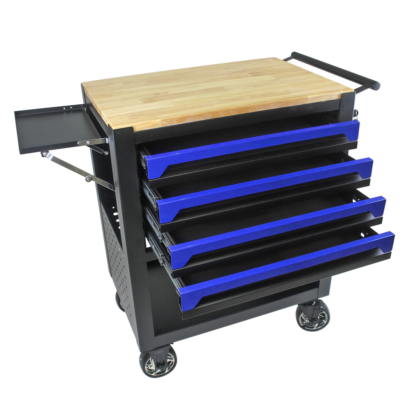Black tool chest with butcher block top and blue drawer pulls  drawers