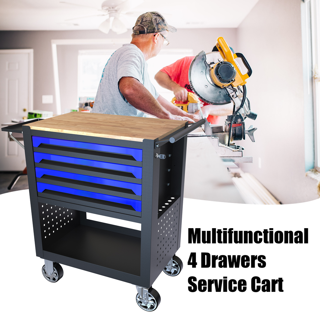 Dark gray multifunctional service cart with a bamboo top and four blue drawers ideal for mechanics