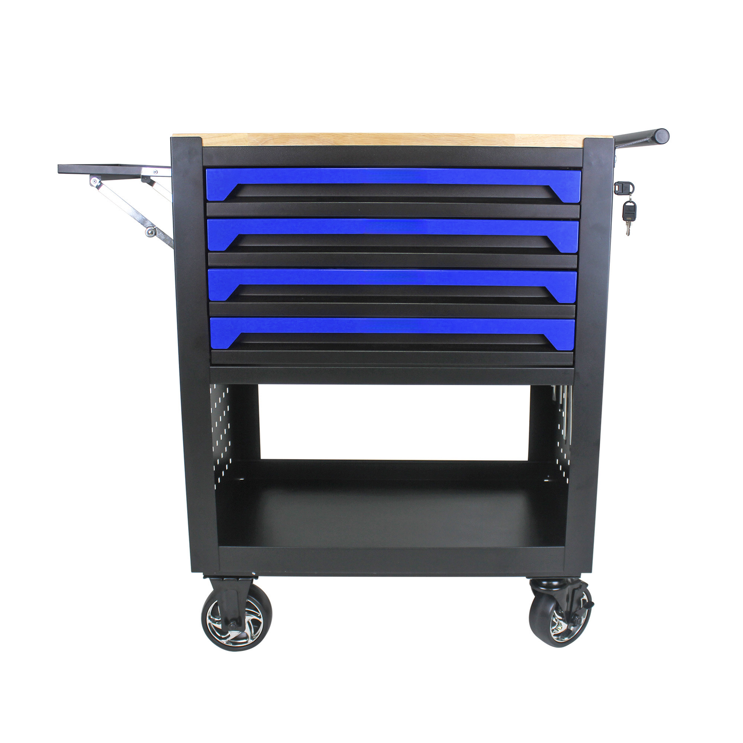 Black tool cart with five blue and black drawers wood top and locking mechanism