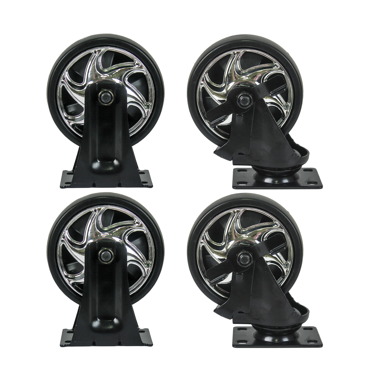 Black swivel caster with chrome spoked wheel ideal for furniture