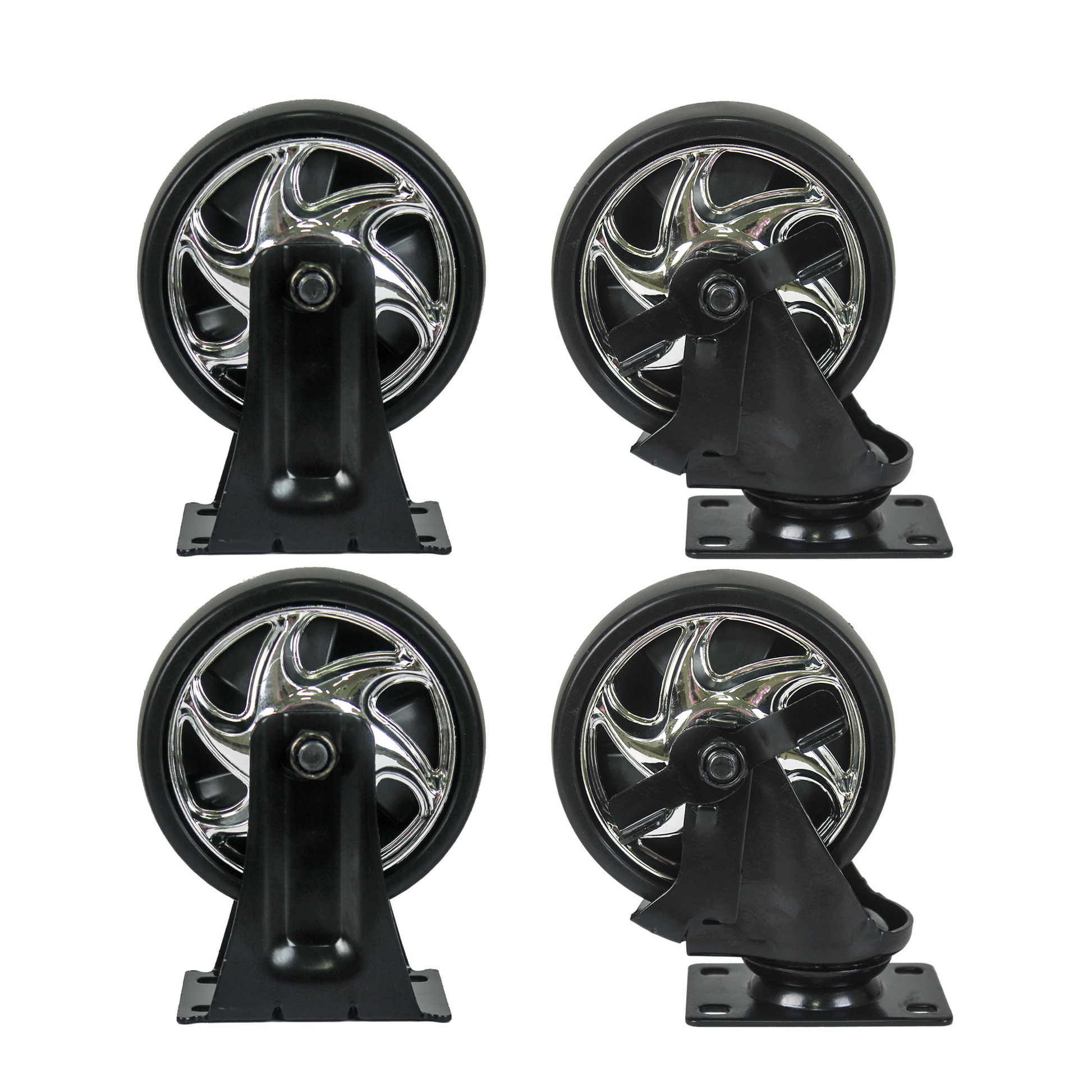 Black swivel caster with chrome spoked wheel ideal for furniture
