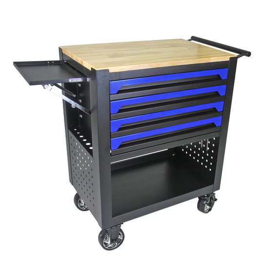 Black rolling tool cart with natural wood top and four blue drawer fronts