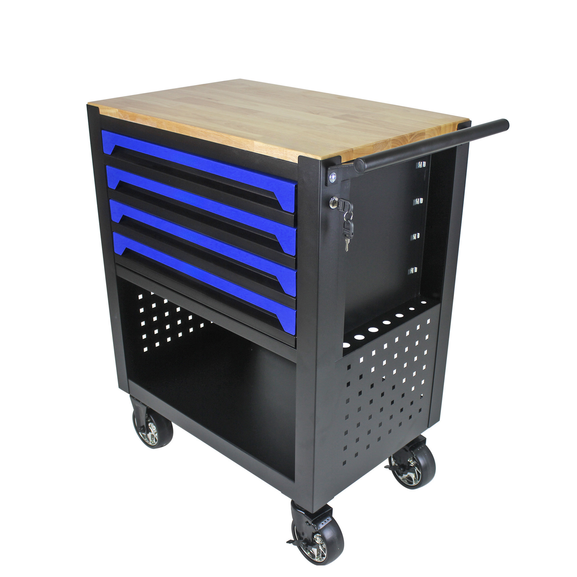 Black metal tool cart with wooden top and blue drawer accents on casters