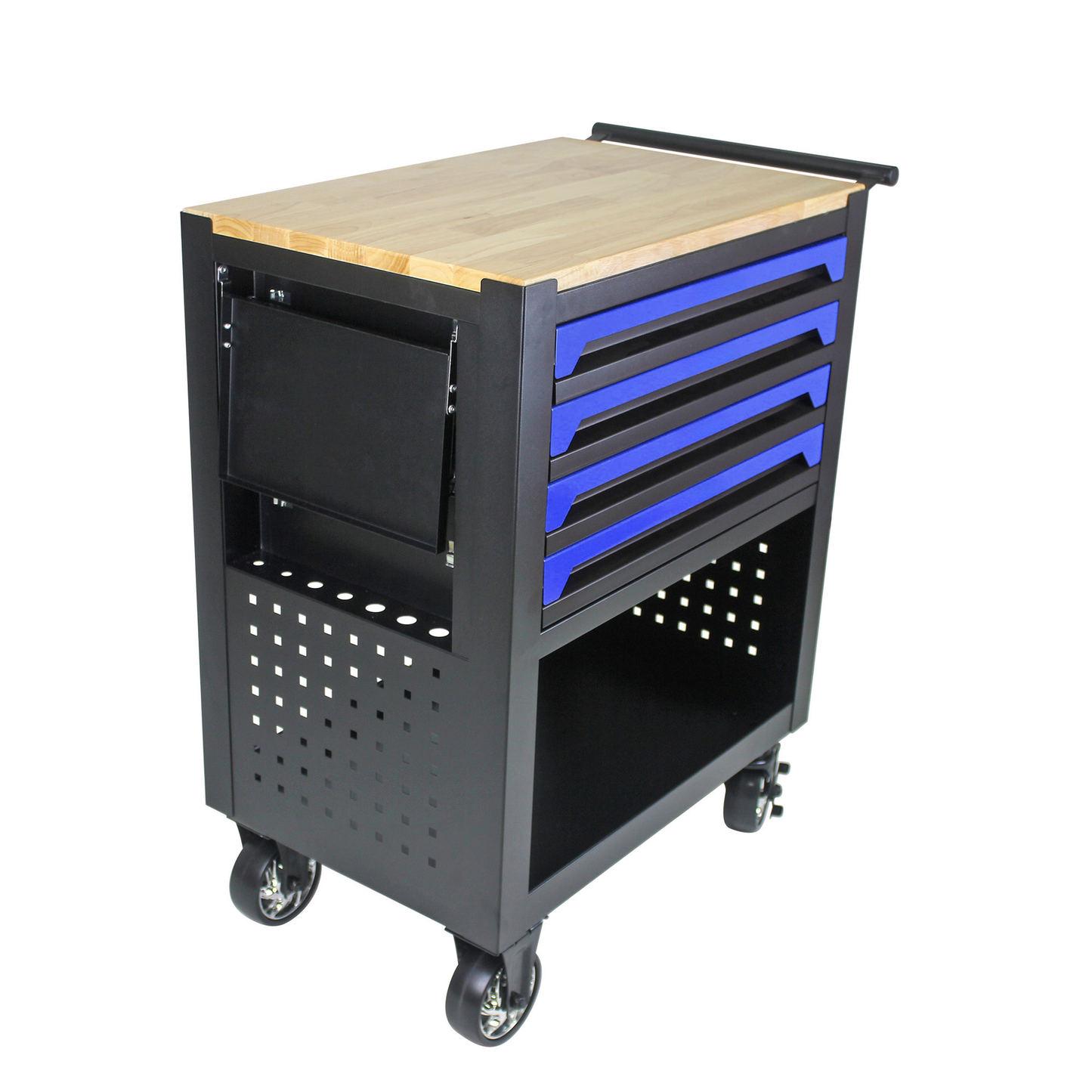 Black metal rolling tool cart with butcher block top and blue drawer liners