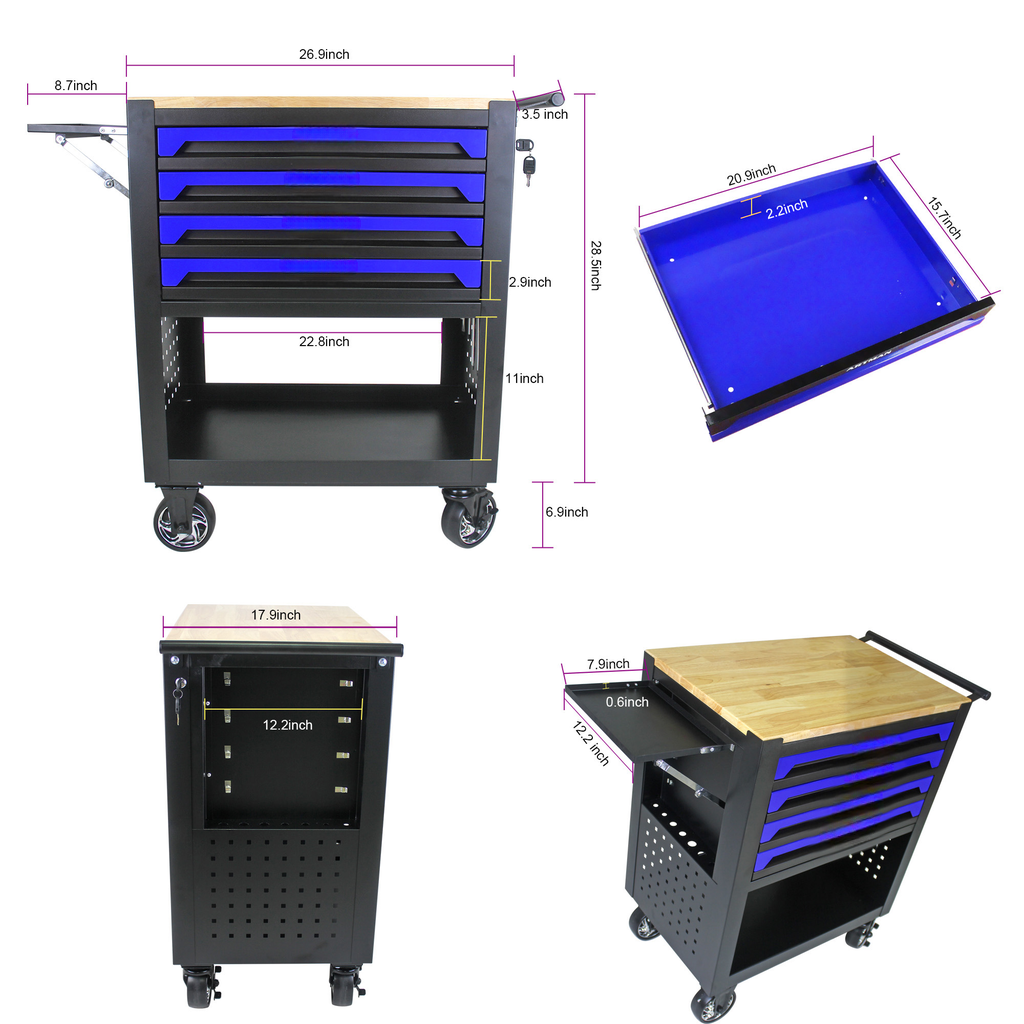 Black rolling tool chest with five bluelined drawers and wooden top