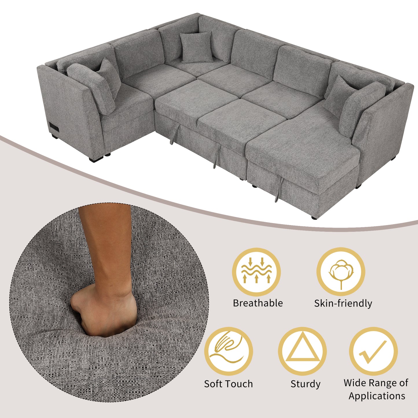 Large gray sectional sofa with pullout bed function for versatile living room use