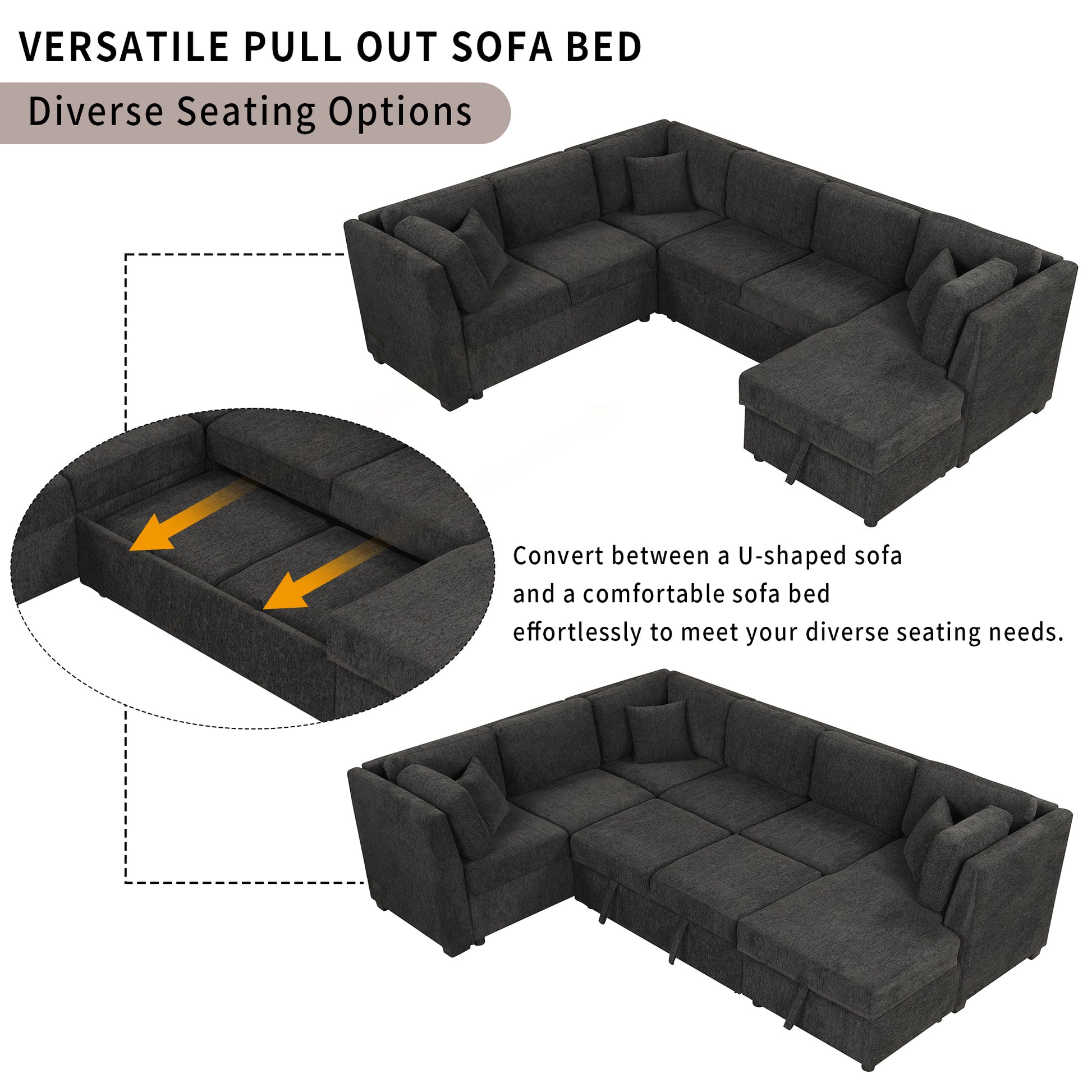 Dark gray fabric Ushaped pull out sofa bed in sectional configuration with storage