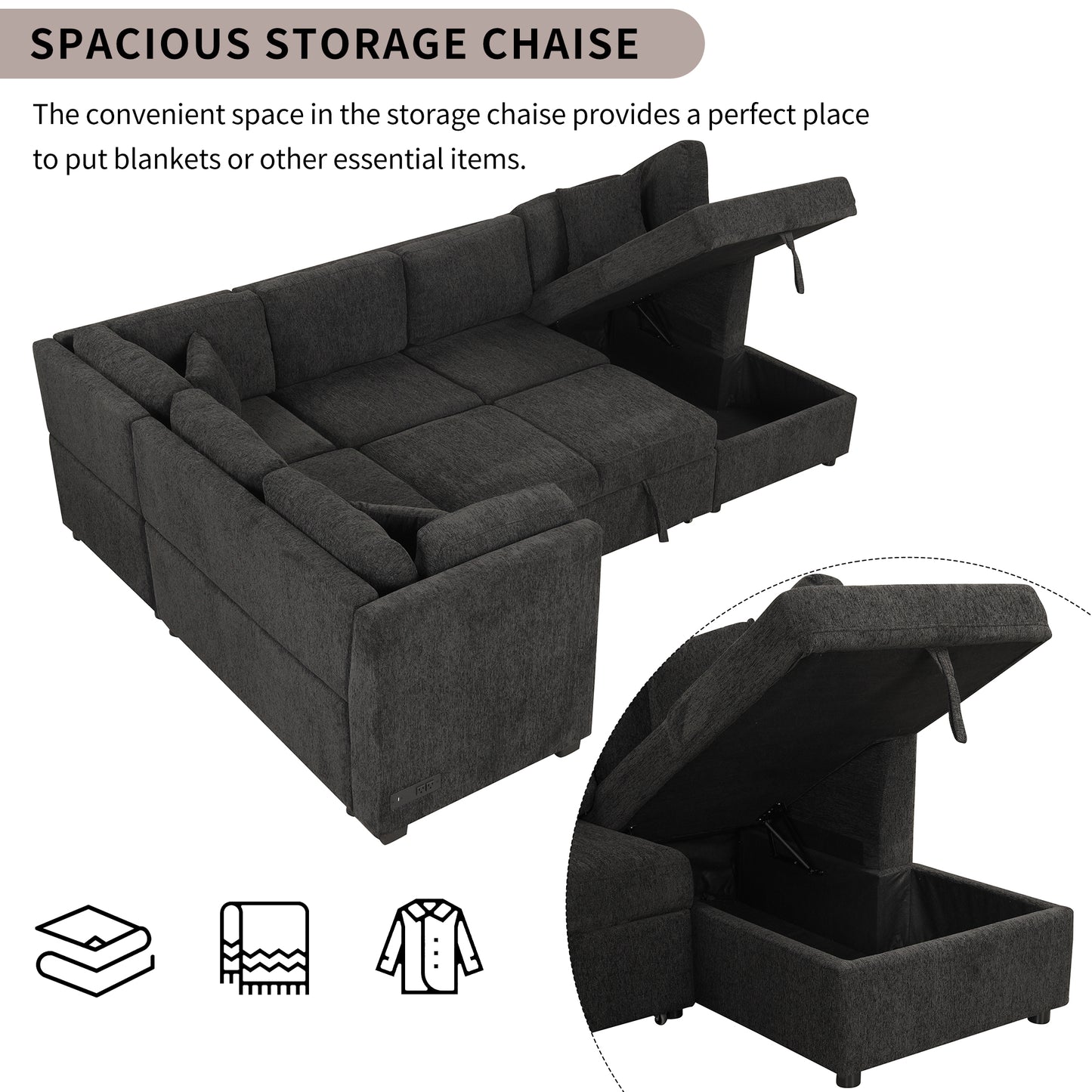 Dark grey fabric sectional sofa with spacious storage chaise open revealing ample storage space for blankets