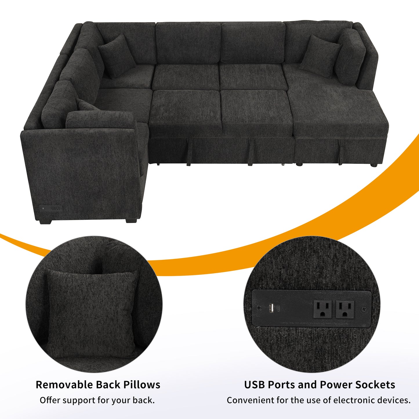 Dark charcoal sectional sofa with plush cushions and integrated power outlet