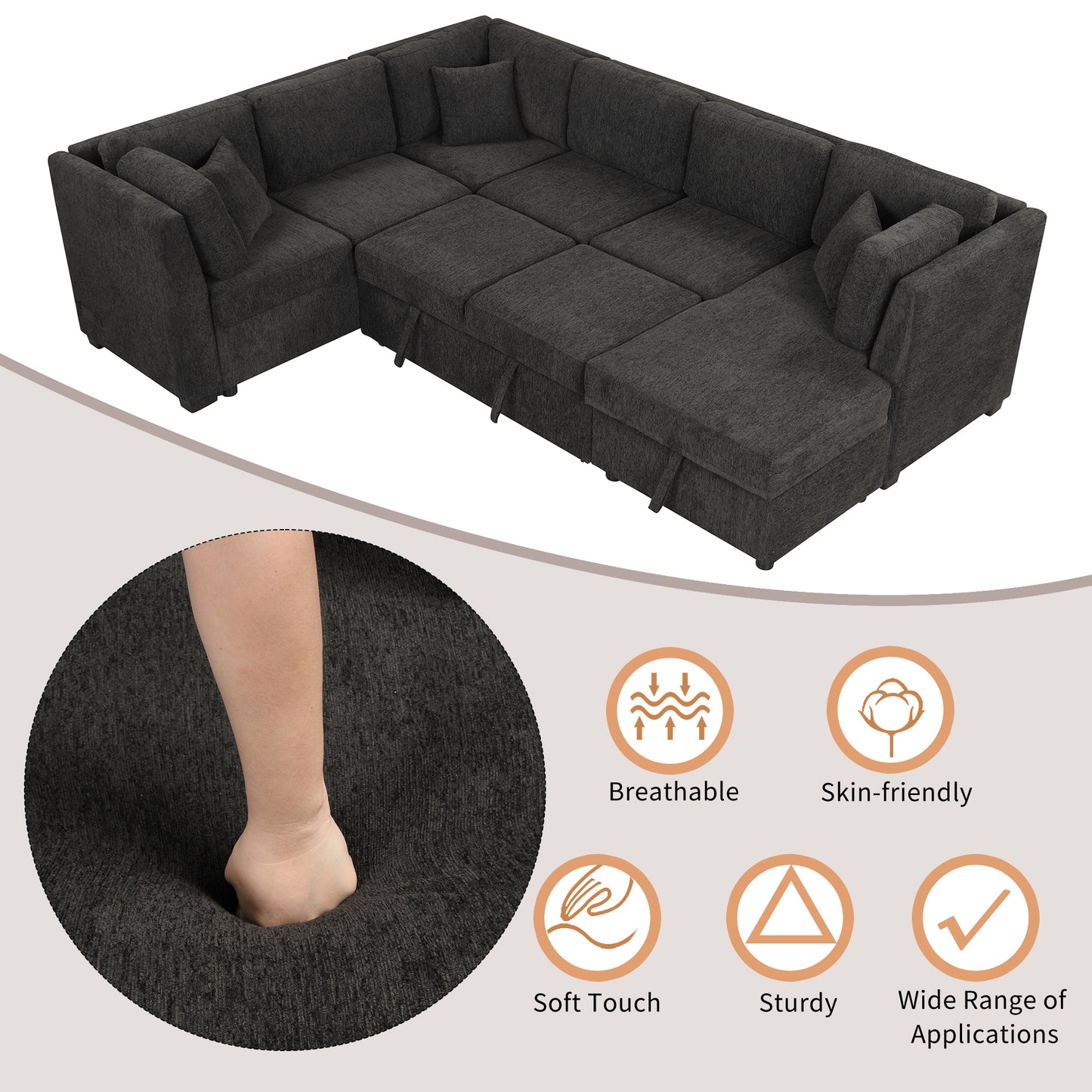 Dark gray sectional sofa with pullout bed offering versatile seating arrangements