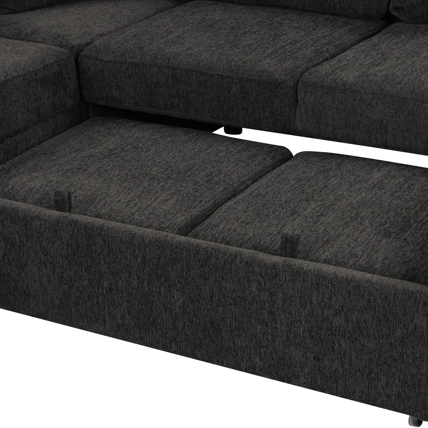 Dark grey sectional sofa with textured fabric upholstery and hidden storage compartments
