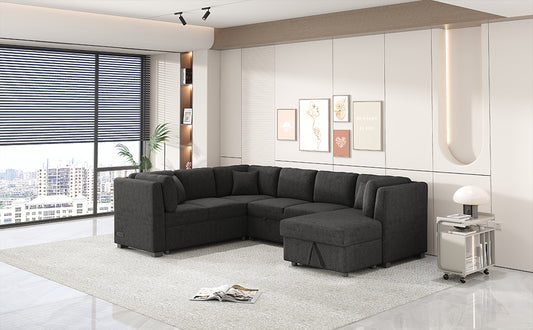 Spacious dark grey fabric sectional sofa with chaise lounge in a modern living room setting