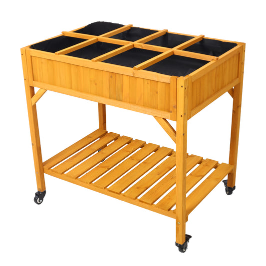 Wooden raised garden bed with black liner and two shelves on wheels