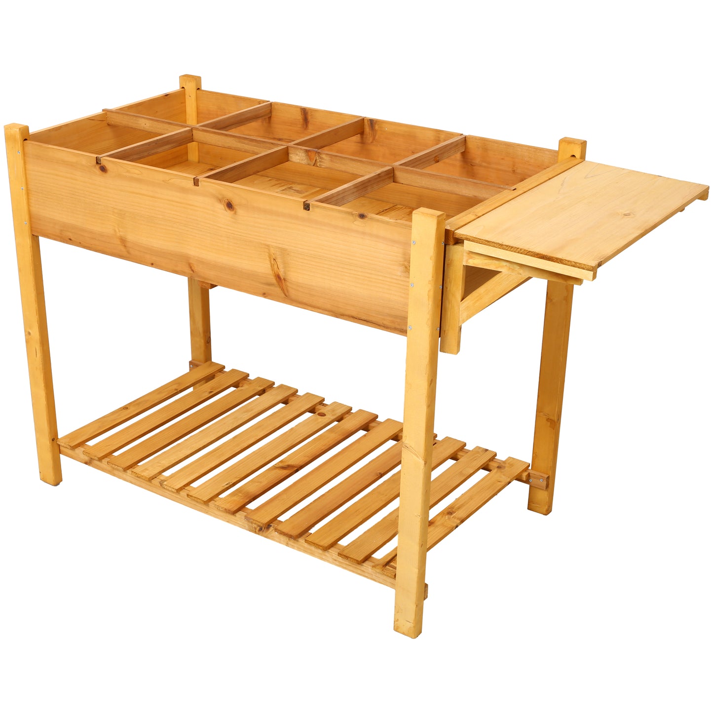 Wooden planter box with divided compartments and slatted shelf natural wood finish gardening planter
